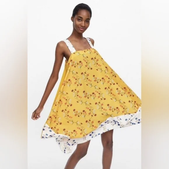 Zara Yellow Floral Handkerchief Hem Swing Dress - Picture 2 of 16